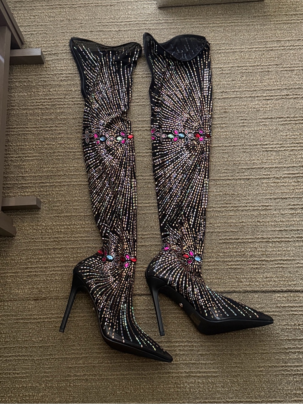 Black Embellished Sheer Over-the-Knee Stiletto Boots with Multicolor Gems